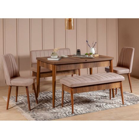 Ensemble table extensible 2 chaises et 2 bancs bois marron et tissu beige Mariva (1/5)