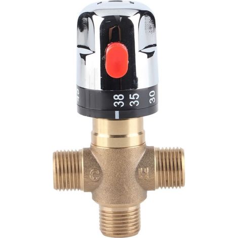 Thermostatmischer, 3-Wege-Temperaturregelventil aus massivem Messing für Duschsysteme, Waschbecken, Küche, Bad, WC, G1/2, 35–45 °C, 15 mm