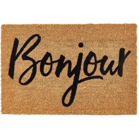 Felpudo moderno de interior 40 x 60 cm motivo de texto bonjour revestimiento de PVC antideslizante fibra de coco natural Asir