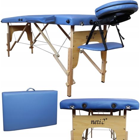 Klappbarer Holztisch, Massageliege von NETI, Kosmetik von Royal Blue + Tasche