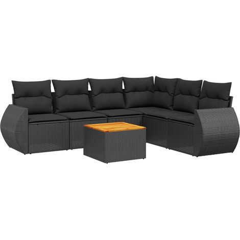 Vidaxl – Salon de jardin 7 pcs – Résine tressée noire – Coussins épais – Table en bois d'acacia – Design modulaire avec rangement