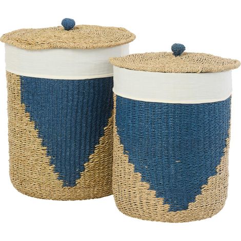 Lot de 2 Paniers de Rangement "Lamont" 50cm Naturel & Bleu (1/4)
