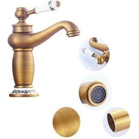 Retro Brass Ceramic Basin Mixer Tap, Blue and White Porcelain Long Neck Vintage Floral Design with Hot/Cold Water Inlet, Kitchen Bathroom (Antique) -- TRIMEC (1/4)