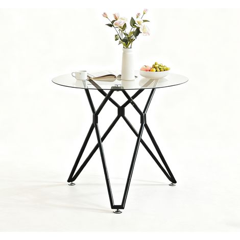 Table de repas ronde de 90 cm, faite de verre dur. Conforme pour 1 à 4 personnes. Tablette de cuisine compacte, équipée de pieds métalliques stables. Parfait pour les salles à manger et les salons. En (1/4)