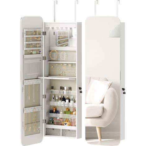 Miroir à bijoux avec éclairage LED, fixation murale ou de porte avec serrure, miroir pleine longueur, 2 tiroirs, blanc (1/5)
