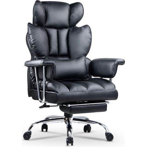 Fauteuil de Bureau - Chaise de Bureau en grand modèle en cuir PU - 180kg de charge - soutien lombaire - repose-pieds - accoudoirs allongés et appui-tête - Noir