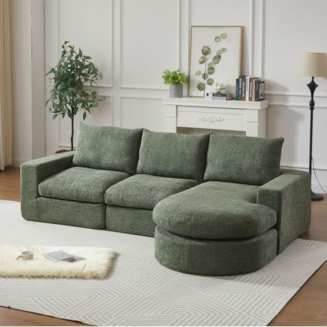 Divano modulare in ciniglia verde con chaise longue reversibile OKWISH (1/5)