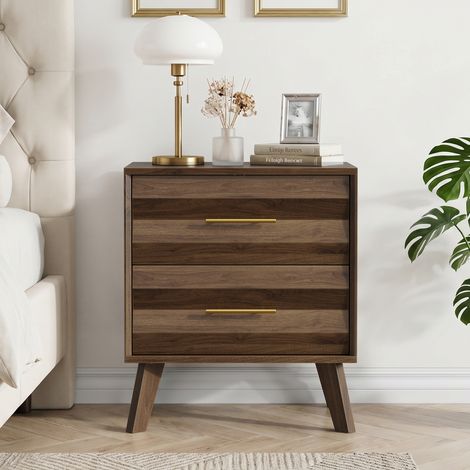 Bedside Table, 2 Drawers, 50 x 40 x 57 cm, Walnut (1/5)