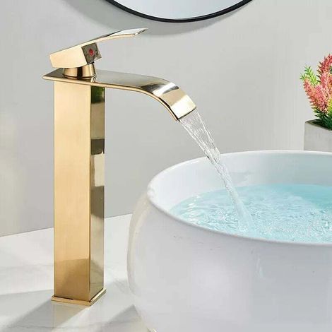 Goldene Wasserfall-Waschtischarmatur, Wasserfall-Badezimmerarmatur mit verstellbarem Auslauf, Warm- und Kaltwasser-Wasserfall-Waschtischmischer (1/5)