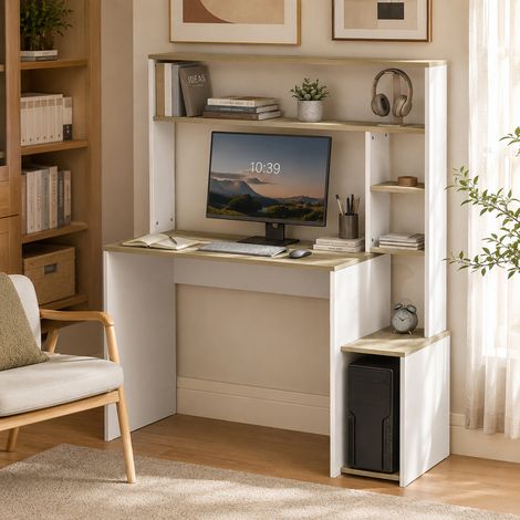 Bureau informatique 114x45x138 cm, étagères ouvertes et support UC. Blanc bois naturel, rangement complet et design épuré pour un bureau fonctionnel. (1/5)