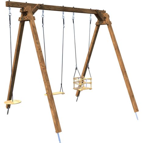 Portique en bois carré 3 agrès avec balançoire bébé et corde disque ULYSSE (1/5)