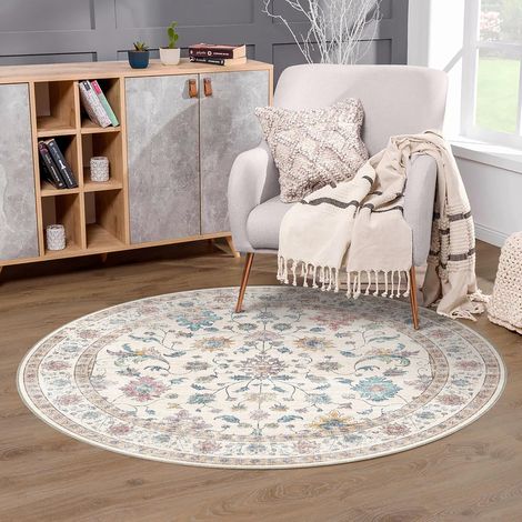 Tapis Rond 120cm Antidérapant Lavable Chambre Tapis Salon Salle de séjour Chambre Enfant Bureau Moderne Floréal Carpet Poil Court Doux Tapis, Multicolore (1/5)