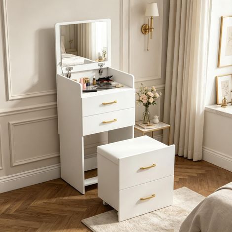 Table de coiffure 3 en 1 avec miroir et housse en tissu, 3 tiroirs, plateau en verre, coussin rembourré pour salon de coiffure (1/5)