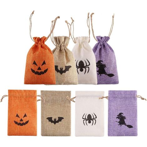 Lot de 48 sacs cadeaux d'Halloween en toile de jute - Double cordon de serrage, 4 motifs effrayants (citrouille, chauve-souris, araignée, sorcière) - Pochettes à bonbons pour friandises, cadeaux d'inv (1/5)
