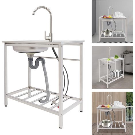 Fregadero Independiente, Acero Inoxidable, con Grifo, Cocina Exterior Ampliable, para Exteriores, Patio, Cocina, Restaurante, Garaje (1/5)