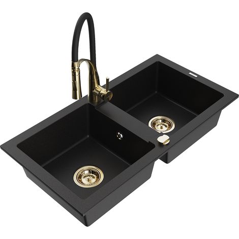 Mexen Mario lavello in granito a 2 vasche con rubinetto da cucina Aster, nero - 6504-77-73450-57-G (1/5)
