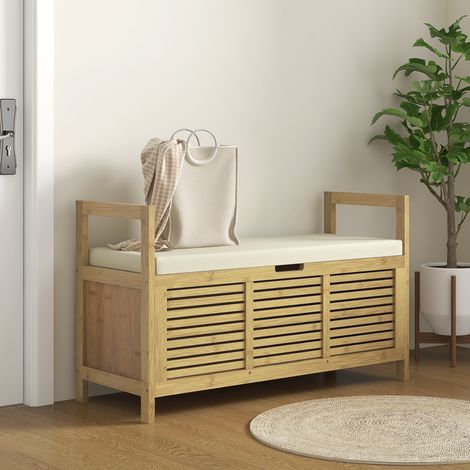 Banco zapatero de listones para recibidor con diseño abatible, zapatero de madera de bambú, 100x40x60 cm, color madera.