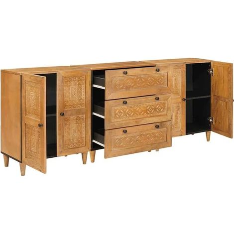 Buffet de Salle à Manger 3 Pièces en Bois de Manguier Massif, Meuble de Rangement avec Étagères et Tiroirs, Style Rustique Moderne, 180 x 33,5 x 75 cm, Couleur Marron (1/5)