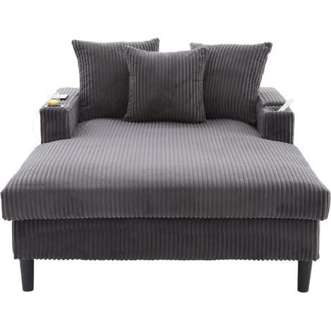 Chaiselongue individual de corduroy gris oscuro con LED, portavasos, USB y almacenamiento (1/5)