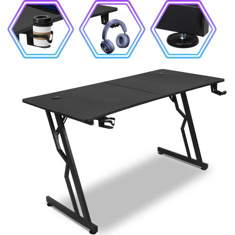 Wolketon Scrivania da gioco con tappetino per mouse, portabicchieri e gancio per cuffie, gambe della scrivania a forma di Z Scrivania da gioco - 140x60cm, senza LED