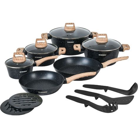 Batterie de cuisine 15 pièces avec revêtement en granit et manche en bois Noir Herzberg HGWDMRB15-BLK (1/5)