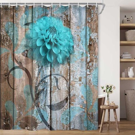 Rideau de Douche en Tissu avec Crochets – Rideau de Douche Rustique Bleu Sarcelle Turquoise Dahlia – Rideau de Douche en Tissu avec Crochets – Rideau de Douche surréaliste pour Salle de Bain (1/5)