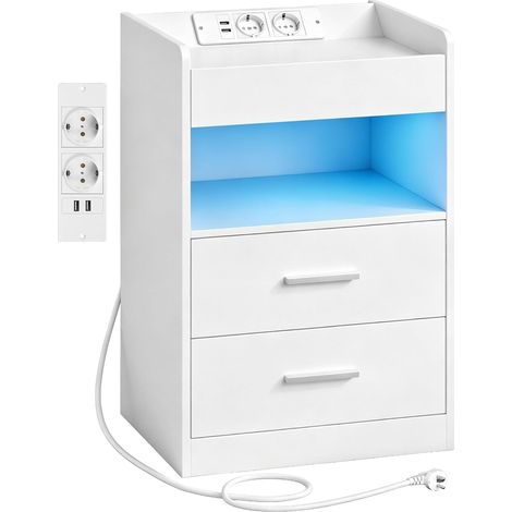 Table de Chevet, Tables d’Appoint avec avec Compartiment caché, Table de Nuit connectée & Éclairage LED, 2 AC, 2 USB, pour Chambre, Salon, 35 x 40 x 64 cm, Blanc (1/5)