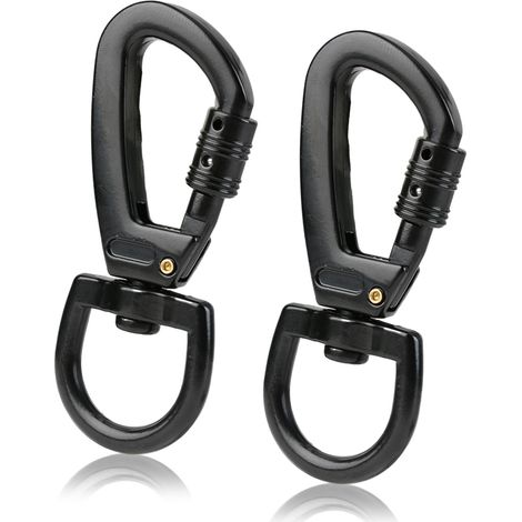 Mosquetón giratorio: Anillo metálico resistente para correas de perro, paquete de 2 - Mosquetón con anilla en D bloqueable, rotación de 360° - Mosquetón giratorio, negro/plateado