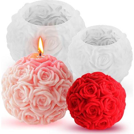 Lot de 2 Moule a bougie silicone moule à bougie 3D en forme de boule de rose pour bougie parfumée, Saint Valentin, Ornements décoratifs (1/5)