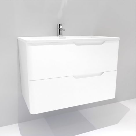 Sanitaire – Meuble double vasque blanc brillant 80 cm – 2 tiroirs avec fermeture amortie – Plan vasque en résine synthétique – SANS miroir (1/4)