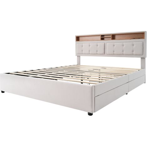 Cama doble tapizada 140x200 cm con 4 cajones, cabecero ajustable, USB-C, beige (1/5)