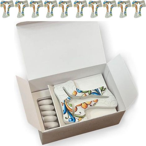 Lot de 10 bonbonnières en croix de Tau en marbre de Carrare avec frises à relief et impression céramique, avec boîte et porte-onfetti (11 x 9, 10) (1/5)