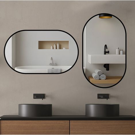 Miroir de salle de bain 60 x 90 cm en verre avec cadre en aluminium noir, film de sécurité, résistant à la corrosion, montage horizontal ou vertical – de FLORAGRACE (1/5)
