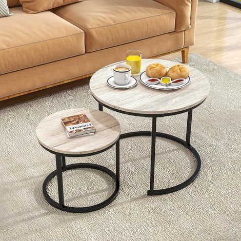 Petit Table Basse pour Salon, Table Basse Ronde Blanche, Lot de 2, Cadre en métal avec Table de canapé en Bois, Montage Stable et Simple, Table d'appoint empilable pour Chambre à Coucher (1/5)