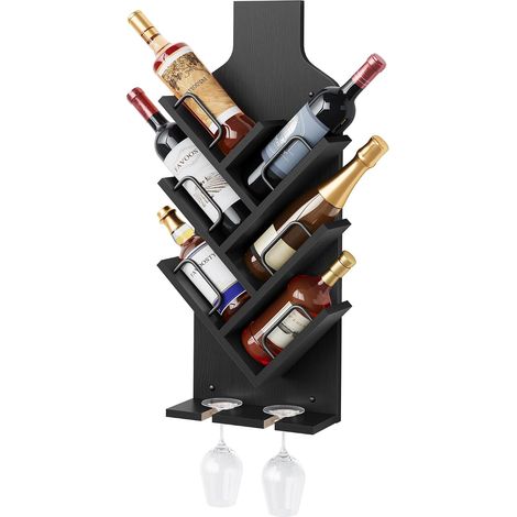 Étagère à vin Murale, Porte-Bouteilles, étagère à Bouteilles avec 6 Niveaux avec Porte-Verres, étagère à vin en Bois pour Salon, Salle à Manger, Cave à vin, Bar, Noire (1/5)