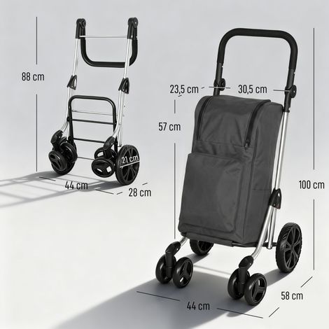 Chariot pliable à roulettes avec sac thermique 46 L, manche télescopique réglable, cadre en aluminium robuste, gris anthracite, sac isotherme pour courses, caddie repliable pratique. (1/5)
