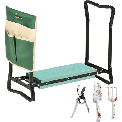 Tabouret de jardin avec outils - Outsunny - coussin sécateur truelle râteau à main - acier - 58x28x49cm - vert