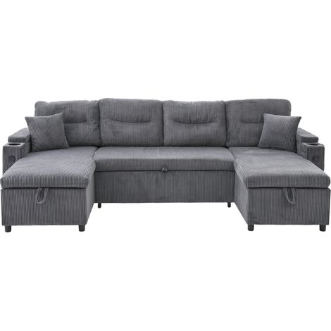 U-Form Sofa 4-Sitzer mit Stauraum, Getränkehaltern und USB Type C Anschluss, Corduroy Karbongrau (1/5)