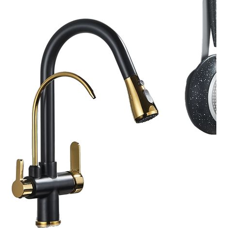 Rubinetto con doccetta estraibile, struttura in ottone, nero e oro. (1/2)