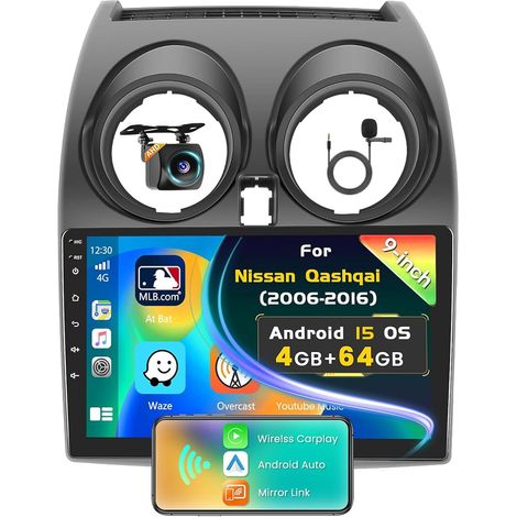 [4+64GB] Android 15 Autoradio pour Nissan Qashqai J10 2006-2016, 9 Pouces écran Tactile Poste Radio Bluetooth avec Wireless Carplay Android Auto GPS WiFi RDS Caméra de Recul (1/5)