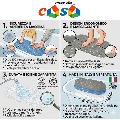 Tappeto Antiscivolo per Vasca da Bagno con Ventose Design Sassi in PVC Alta Qualità, Misura 37x77 cm Made in Italy Disponibile in 4 ColoriBlu, Bianco, Trasparente, Grigio - colorigenerali: GRIGIO