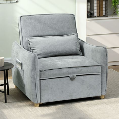 Sillón convertible 3 en 1, asiento individual, sofá cama clic-clac en tapicería de chenilla, asiento ancho, respaldo ajustable, 88x84x87cm, gris