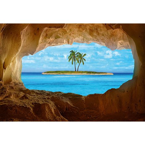Papier peint panoramique trompe l'œil vue sur mer | Tapisserie panoramique plage avec palmier | Papier peint panoramique turquoise idéal salle de bain - 384 X 260 cm (8 pièces) (1/2)