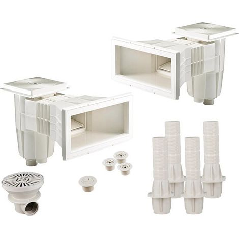 Kit pièces à sceller pour piscine béton 8x4m à 10x5m – Skimmer GM carré – Débit 5m³/h – Prise balai béton standard – Bonde de fond Ø170mm – Centrocom