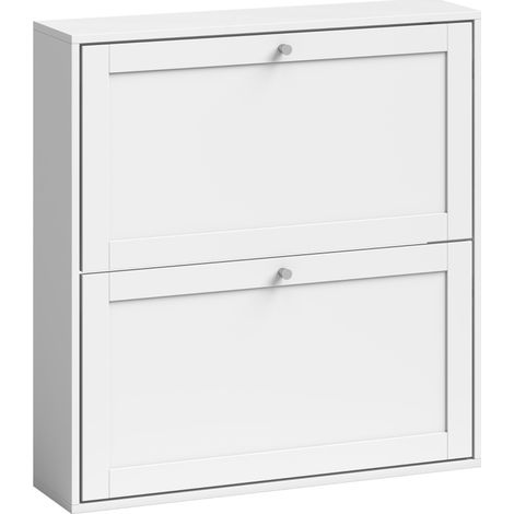 Zapatero con 2 puertas abatibles (80x20x84 cm), estantes ajustables, respaldo ventilado, madera blanca (1/5)