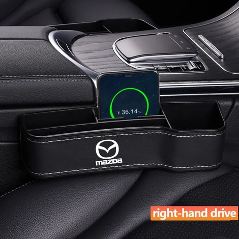 (Noir à droite) Boîte de rangement en cuir pour l'espace entre les sièges de voiture Mazda 2, 3, MS, CX5, CX3, MX5 et RX8. Sac de rangement inclus. (1/5)