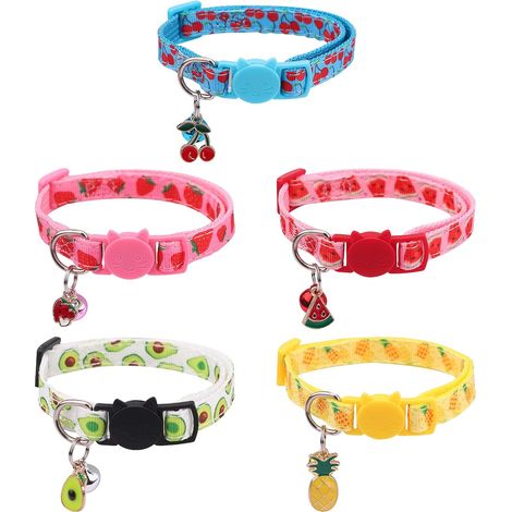 5 Collier de chat ajustable 18-30 cm Collier chaton avec clochette Boucle de Libération Rapide Collier pour petits animaux de style fruit d'été pour domestiques chaton chiot petits chiens portant (1/5)