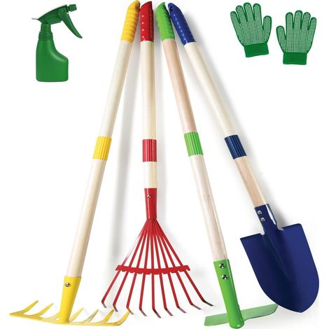 6-Piece Children's Gardening Tool Set, 71cm Metal Large Shovel, Rake, Leaf Rake with Wooden Handle, Watering Can, Gloves - for Children's Outdoor Garden, Yard, Lawn Digging and Playing