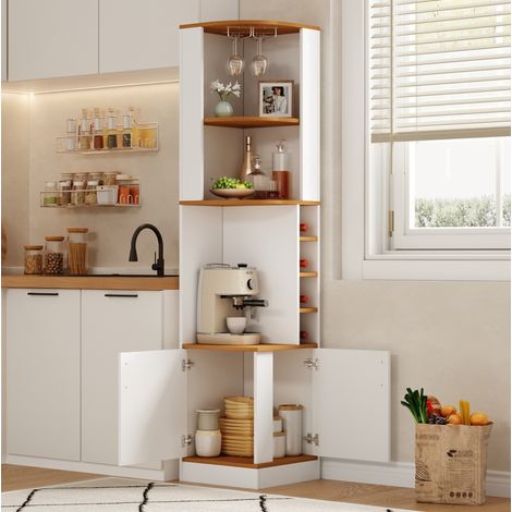 Meuble d’angle bar à vin 40 x 40 x 182 cm avec porte-verres et rangements, MDF blanc REDOM (1/5)