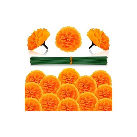 50 caléndulas artificiales, flores sueltas, decoración mexicana de seda, color naranja, caléndula con tallos para el Día de Muertos, Halloween, decoración de fiestas de Diwali, decoración del hogar (1/5)